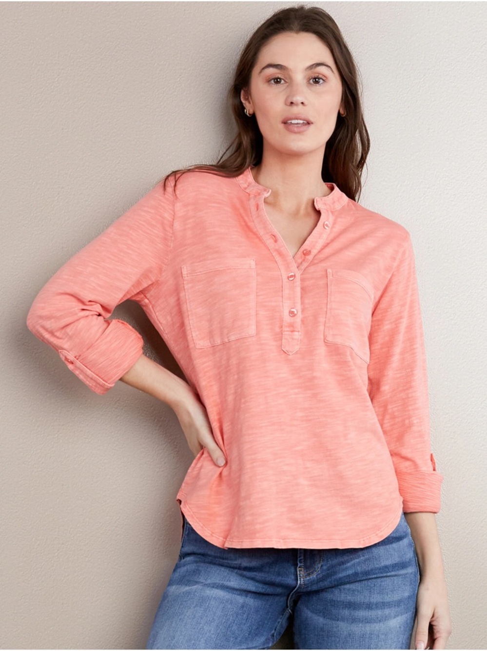Billy T | Cotton Henley Top with Tab Sleeves in Blush Sun – Size, L